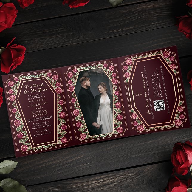Invitation Trois Volets Décès Nous Part Rose Rouge Gothique Mariage QR Cod (Créateur téléchargé)