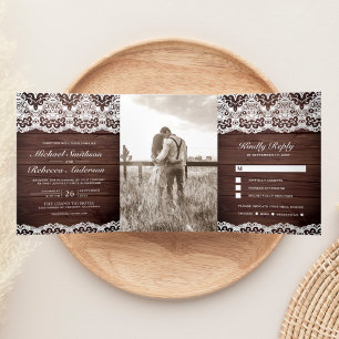 Invitation Trois Volets Dentelle rustique en bois tout en un Mariage