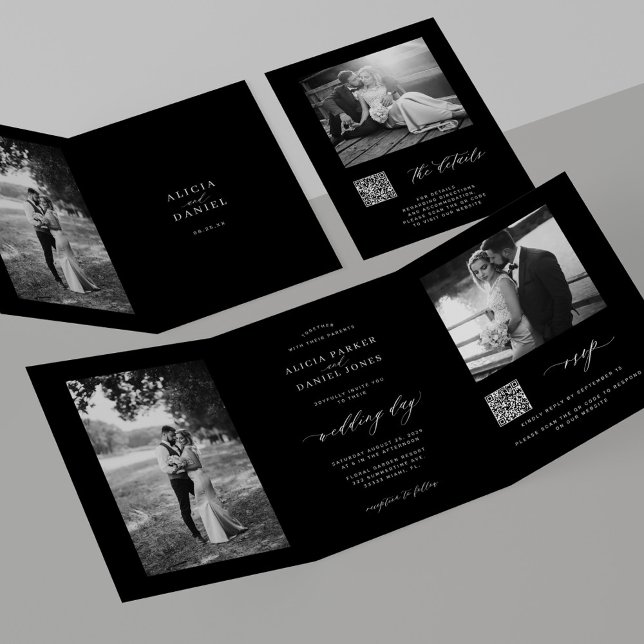 Invitation Trois Volets Détails de réponse de mariage noir avec code QR ph (Créateur téléchargé)