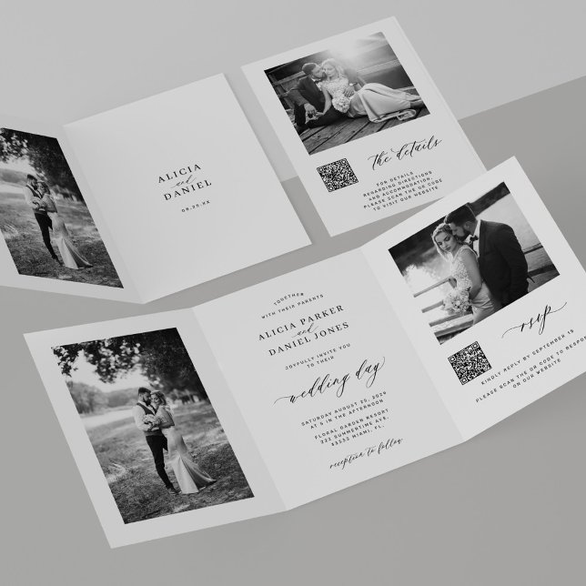 Invitation Trois Volets Détails de RSVP de code QR de photo minimale maria (Créateur téléchargé)