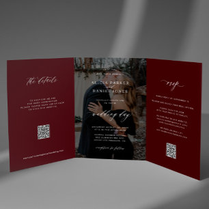 Invitation Trois Volets Détails RSVP de mariage photo élégante en bordeaux