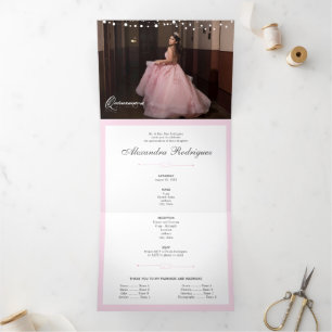 Invitation Trois Volets Deux silhouette rose photo avec Quinceanera lune