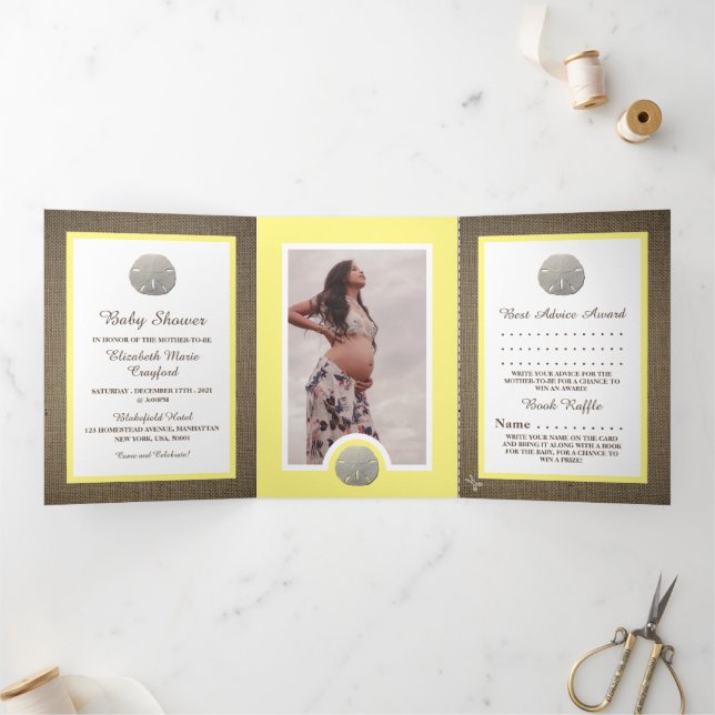Invitation Trois Volets Dollars de sable & Burlap, Suite de Baby showers d (Intérieur)