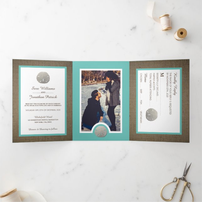 Invitation Trois Volets Dollars de sable & Burlap, Turquoise Beach Wedding (Intérieur)