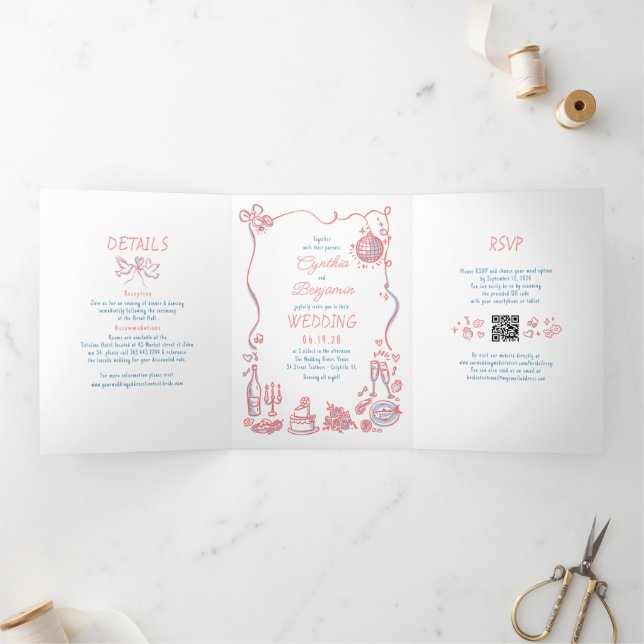 Invitation Trois Volets Doodles Whimsical Funky Photo Mariage moderne (Intérieur)