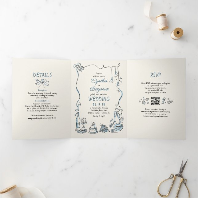 Invitation Trois Volets Doodles Whimsical Funky Photo Mariage moderne (Intérieur)
