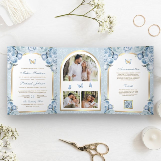 Invitation Trois Volets Douce Fleur Bleue Or Arche Papillon Mariage (Créateur téléchargé)