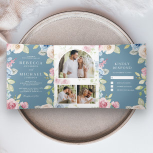Invitation Trois Volets Douce Florale Printanière Poussiéreuse Bleue de Ma