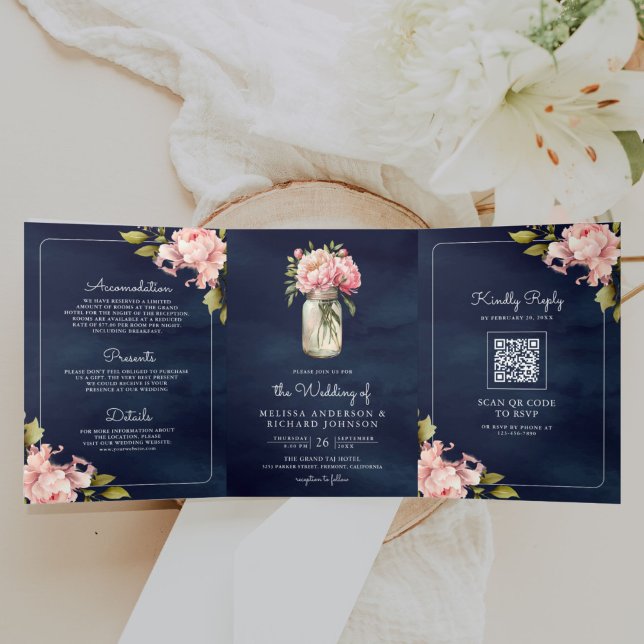 Invitation Trois Volets Douce Pivoine Rose Clair Pot Mason Code QR Marine  (Créateur téléchargé)