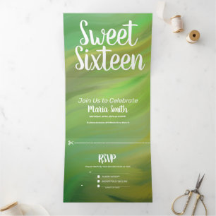 Invitation Trois Volets Douze ans moderne Marbre Forest vert tourbillons
