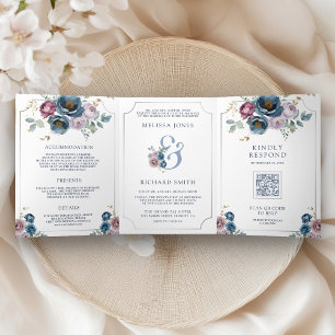 Invitation Trois Volets Dusty bleu mauve violet Mariage floral