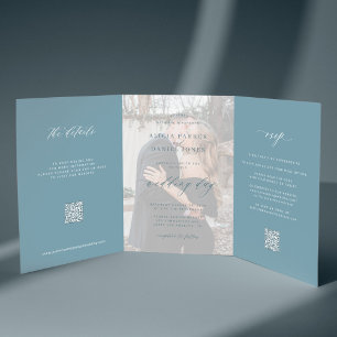 Invitation Trois Volets Dusty bleu photo mariage RSVP détails QR code