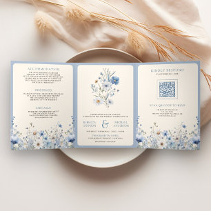 Invitation Trois Volets Dusty Blue Boho Fleur sauvage Photo QR Code Mariag