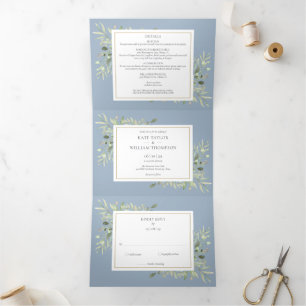Invitation Trois Volets Dusty Blue Botanical Greenery Mariage photo