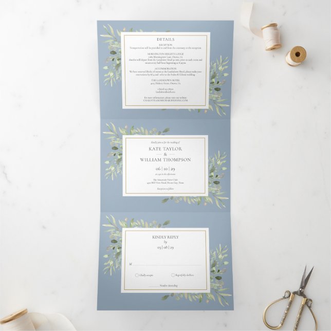 Invitation Trois Volets Dusty Blue Botanical Greenery Mariage photo (Intérieur)