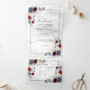 Invitation Trois Volets Dusty Blue Bourgogne Blush Gold FlorMariage