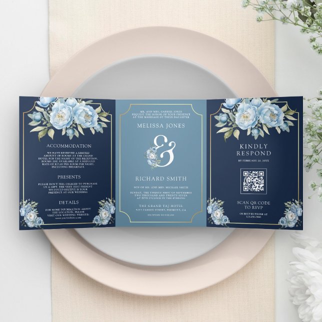 Invitation Trois Volets Dusty Blue Floral Navy QR Code tout en un Mariage (Créateur téléchargé)