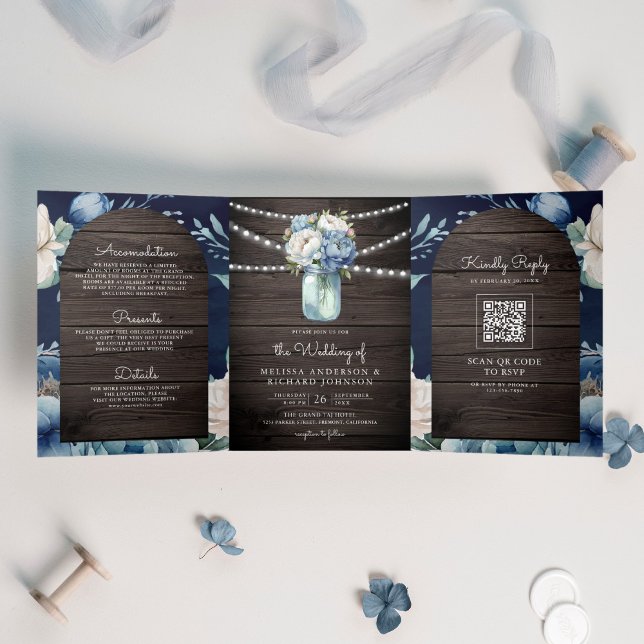 Invitation Trois Volets Dusty Blue Peony Mason Jar QR Code Mariage en bois (Créateur téléchargé)