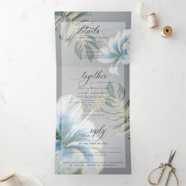 Invitation Trois Volets Dusty Blue Watercolor Hibiscus Foliage Mariage (Intérieur)