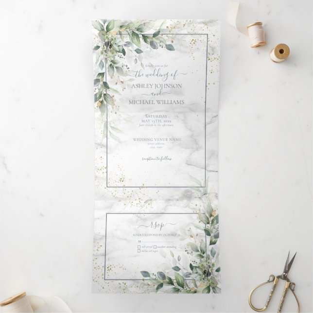 Invitation Trois Volets Dusty Eucalyptus Botanical Gold Green Mariage T (Intérieur)