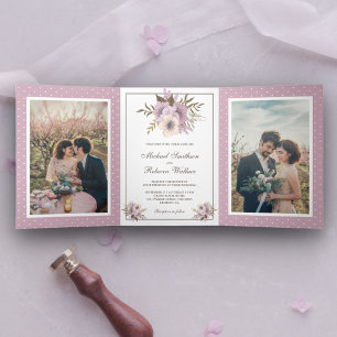 Invitation Trois Volets Dusty Mauve Rose Floral Mariage Photo
