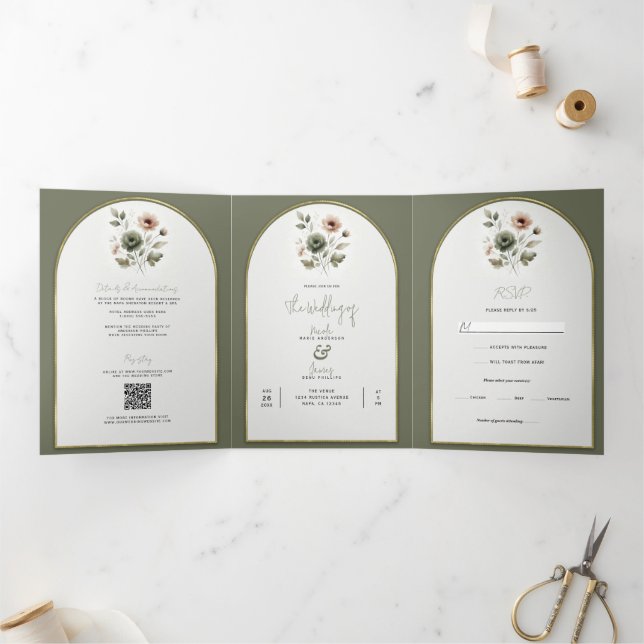 Invitation Trois Volets Dusty Olive rose & or Aquarelle Mariage Floral (Intérieur)
