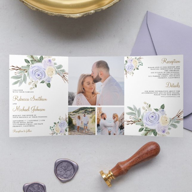 Invitation Trois Volets Dusty Pastel Purple Floral tout en un Mariage (Créateur téléchargé)