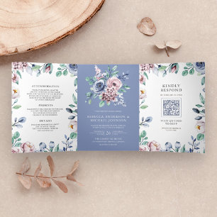 Invitation Trois Volets Dusty Periwinkle bleu rose Floral QR Code Mariage