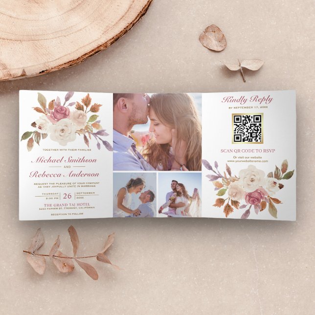 Invitation Trois Volets Dusty Pink Ivory Floral Photo QR Code Mariage (Créateur téléchargé)