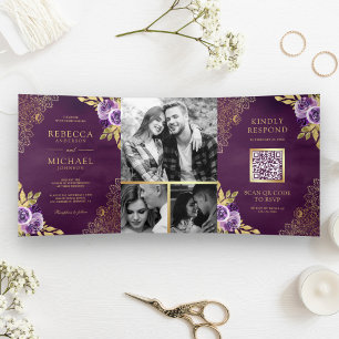Invitation Trois Volets Dusty Purple Floral Gold Lace QR Code Mariage