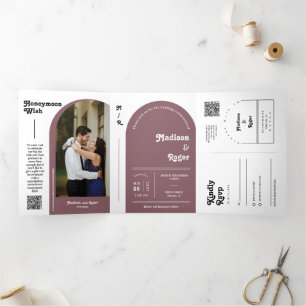 Invitation Trois Volets Dusty Purple Retro Boho Arch Photo QR Code Mariage