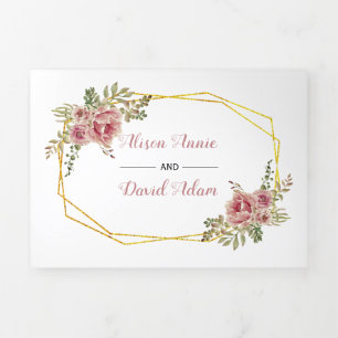 Invitation Trois Volets Dusty rose aquarelle fleurs typographie mariage