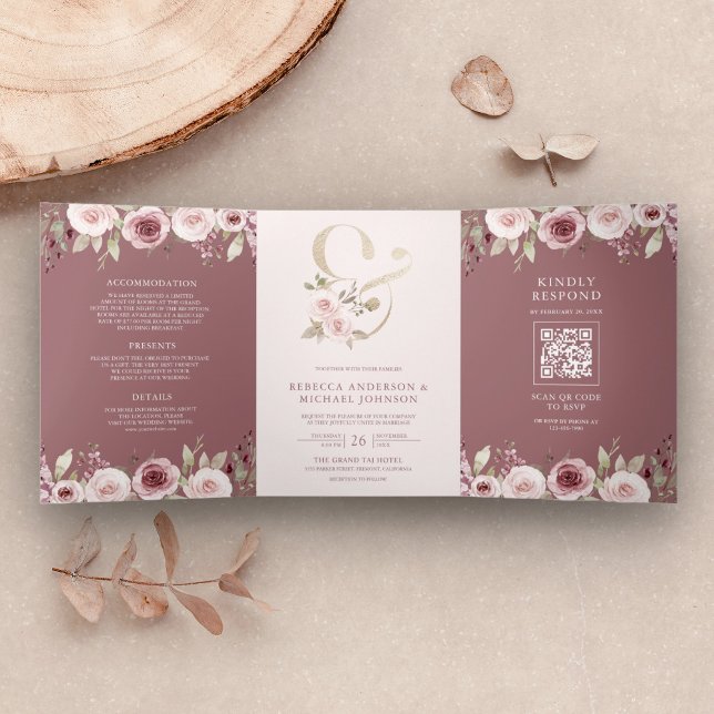 Invitation Trois Volets Dusty Rose Blush Floral Ampersand QR Code Mariage (Créateur téléchargé)