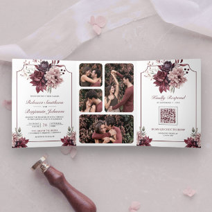 Invitation Trois Volets Dusty rose Bourgogne cadre floral QR Code Mariage