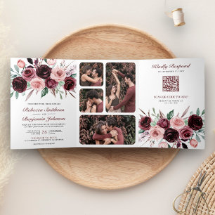 Invitation Trois Volets Dusty rose Bourgogne Floral QR Code Mariage