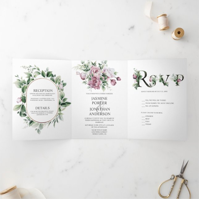 Invitation Trois Volets Dusty Rose Peonies Mariage de verdure | (Intérieur)