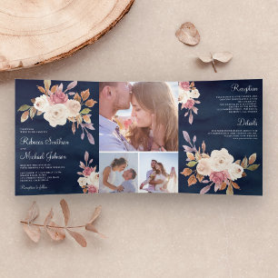 Invitation Trois Volets Dusty Rose rose et ivoire Floral Navy Mariage bleu