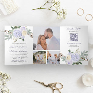 Invitation Trois Volets Dusty violet Floral tout en un Mariage de code QR