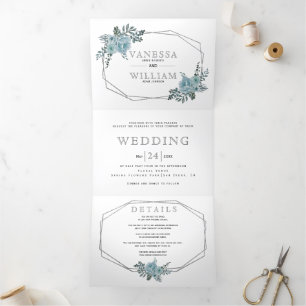 Invitation Trois Volets Eau bleu foncé fleurs argent mariage