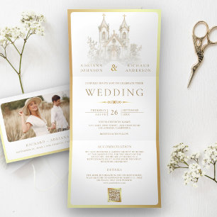 Invitation Trois Volets Église catholique blanche tout en un Mariage