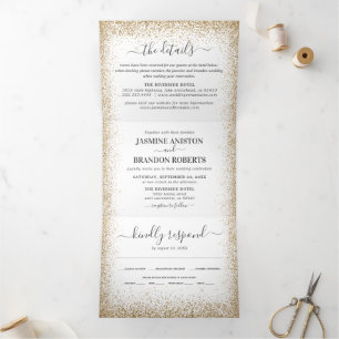 Invitation Trois Volets Élégant 3 en 1 Mariage Paillettes Dorées