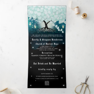 Invitation Trois Volets Élégant Aqua Cœur Feuille Mariage