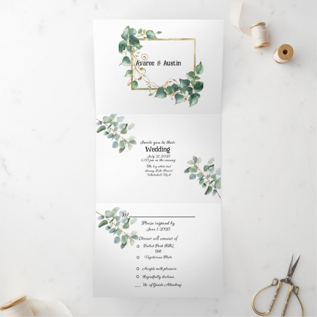 Invitation Trois Volets Elégant blanc avec Mariage de finition Eucalyptus (Intérieur)