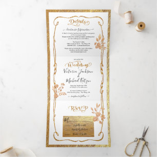 Invitation Trois Volets Elégant blanc et or Floral Mariage Tri-Fol Tri-