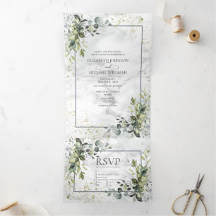 Invitation Trois Volets Elégant bleu Dusty Eucalyptus Marbre vert