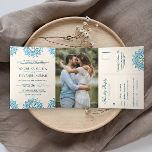 Invitation Trois Volets Elégant bleu mandala Mariage indien traditionnel