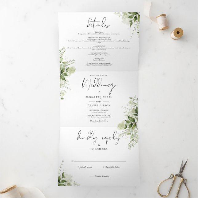 Invitation Trois Volets Elégant Botanical Greenery Feuille Mariage photo (Intérieur)