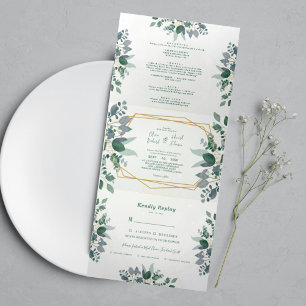 Invitation Trois Volets Elégant cadre géométrique vert Mariage photo
