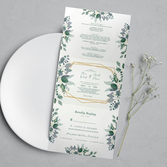 Invitation Trois Volets Elégant cadre géométrique vert | Mariage photo (Créateur téléchargé)