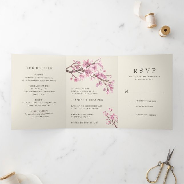 Invitation Trois Volets Elegant Cherry Blossom Pink Floral Wedding (Intérieur)